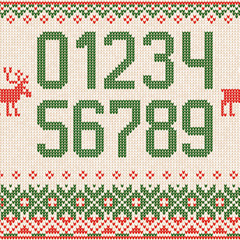 Handmade knitted abstract background pattern with scandinavian ornaments and set of figures. White, red, green colors. Flat style.