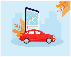Naklejka premium Autumn car sharing concept. The red car drives out of the smartphone. On the phone screen, a vehicle rental application with a map and parking marks. Vector illustration