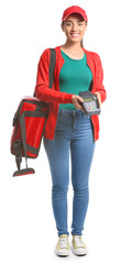 Female worker of food delivery service with payment terminal on white background