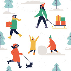 Vector illustration people enjoying their time outdoors in park. in winter weather Christmas holiday season recreation and public event. Seamless patern.