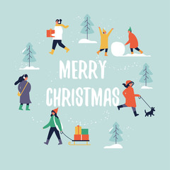 Vector illustration people enjoying their time outdoors in park. in winter weather Christmas holiday season recreation and public event.