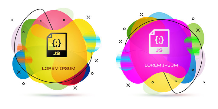 Color JS file document. Download js button icon isolated on white background. JS file symbol. Abstract banner with liquid shapes. Vector Illustration
