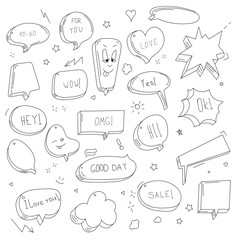 Vector hand drawn set of sketch speech bubbles clouds rounds hearts stars thought bubbles.