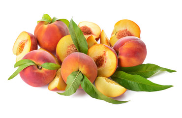 Ripe peaches on white background