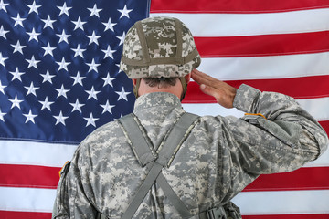 Saluting soldier with national flag of USA on background, back view