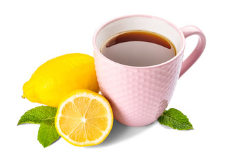Obraz na płótnie Canvas Cup of tasty tea with lemon and mint on white background