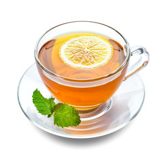 Glass cup of tasty tea with mint and lemon on white background