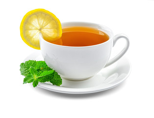 Cup of tasty tea with lemon and mint on white background