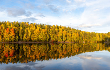 Amazing colors in the nature during sunny autumn day in Finland. Colorful forest and reflection in the calm water.