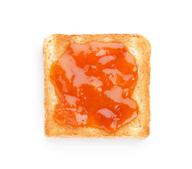 Tasty toasted bread with jam on white background