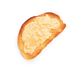 Tasty toasted bread with peanut butter on white background