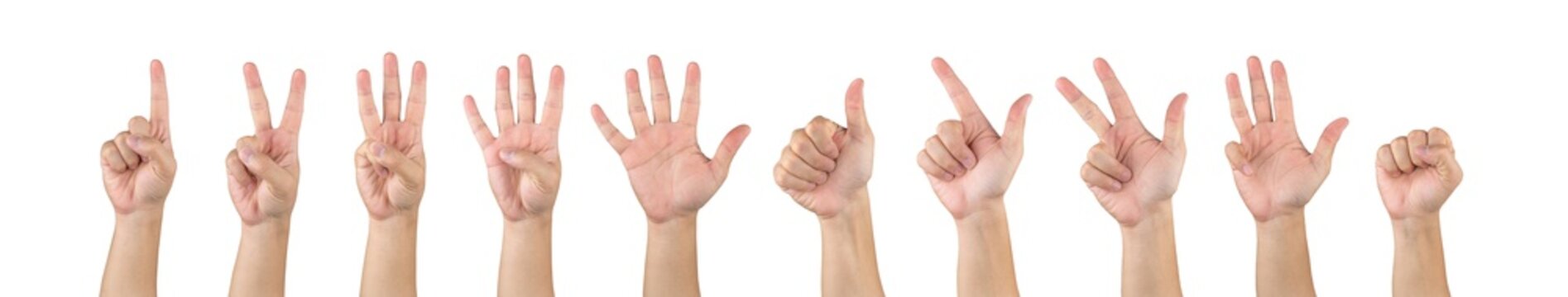 Asian male hands counting one ten isolate white background in studio light - with clipping path.