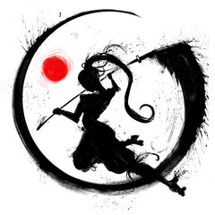 A female samurai with a naginata in her hands, in a deadly leap, cuts through the air with an inky circular wave . 2D Illustrations. © warmtail