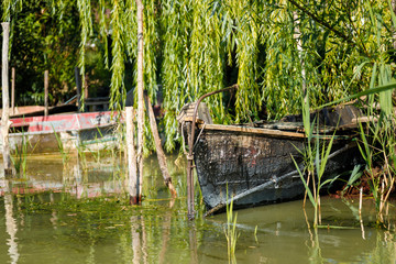 Naklejka premium boat on the lake shore