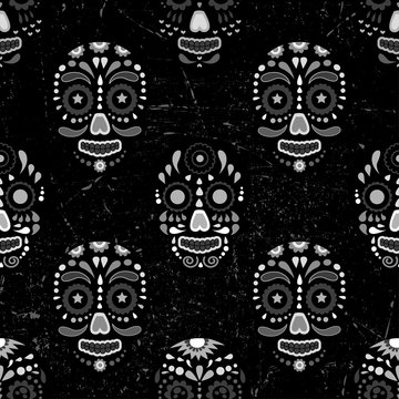 Abstract seamless skull pattern for girl, boy, clothes. Creative skull vector background with mexican symbol, day of the dead, dots, lines. Funny wallpaper for textile and fabric. Fashion skull style.