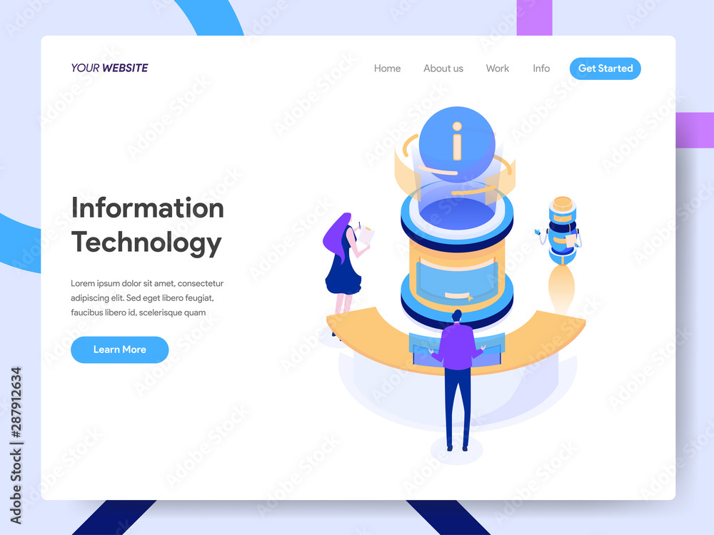 Poster landing page template of information technology designer isometric illustration concept. modern desi