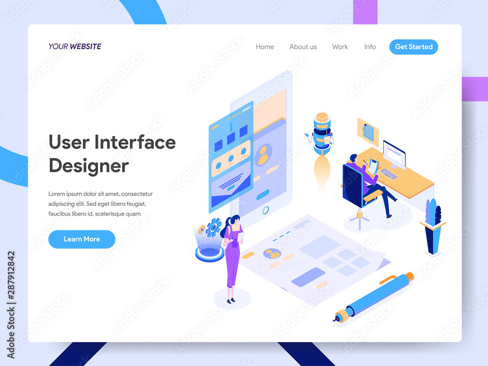 Poster landing page template of user interface designer isometric illustration concept. modern design conce
