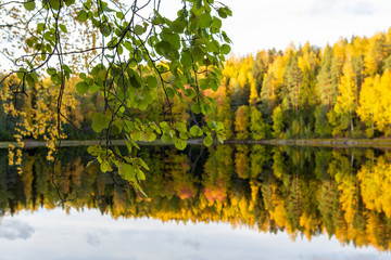 Colorful autumn day in Finland. Sunny afternoon with amazing colors in the nature, reflection on the water.