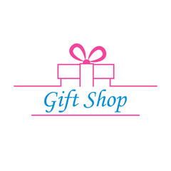 Logotipo con texto Gift Shop en caja de regalo lineal en rosa y azul