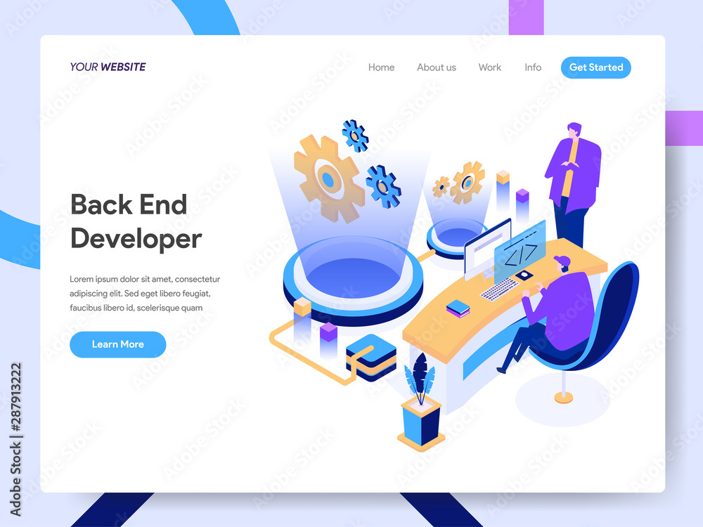 Poster landing page template of back end developer isometric illustration concept. modern design concept of