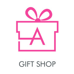 Logotipo con texto GIFT SHOP con letra A en caja de regalo lineal en color rosa