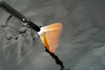 paddle in the water, paddle close-up, polluted water in the river,