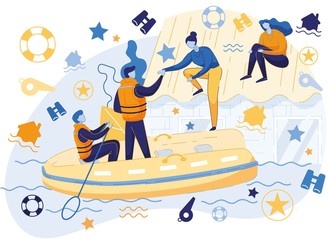 Flood Rescuers in Boat Saving People from Water.