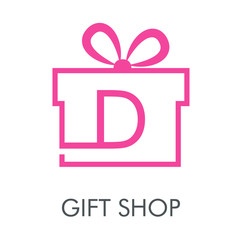 Logotipo con texto GIFT SHOP con letra D en caja de regalo lineal en color rosa