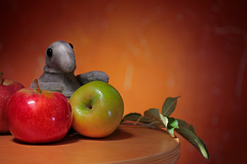 apple plush seal wooden background 