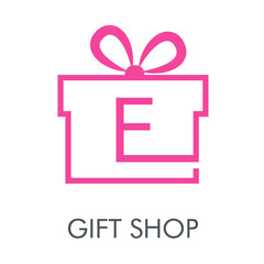 Logotipo con texto GIFT SHOP con letra E en caja de regalo lineal en color rosa