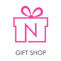 Logotipo con texto GIFT SHOP con letra N en caja de regalo lineal en color rosa