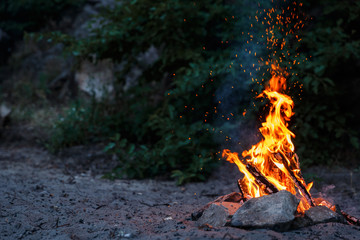 Bonfire is lit on the sandy beach of a lake
