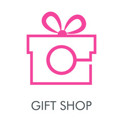 Logotipo con texto GIFT SHOP con letra O en caja de regalo lineal en color rosa