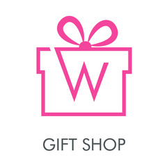 Logotipo con texto GIFT SHOP con letra W en caja de regalo lineal en color rosa