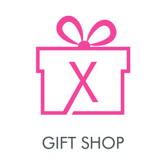 Logotipo con texto GIFT SHOP con letra X en caja de regalo lineal en color rosa