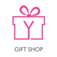 Logotipo con texto GIFT SHOP con letra Y en caja de regalo lineal en color rosa