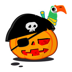 Pumpkin in pirate costume with a parrot. Vector character for Halloween isolated on a white background.