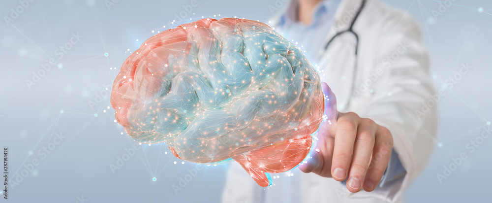 Poster doctor using digital brain scan hologram 3d rendering