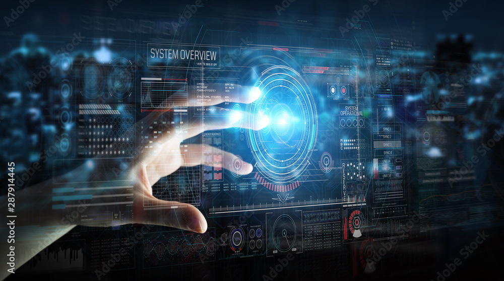 Poster Businessman using digital technological interface with datas 3D rendering