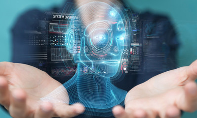 Woman using digital artificial intelligence head interface 3D rendering