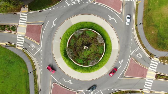 Aerial top down drone view zooming in of traffic circle roundabout