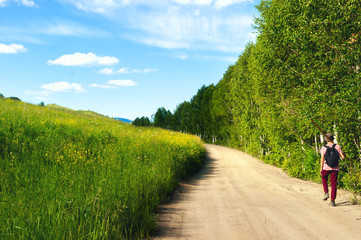 Obraz premium A Guy in a Pink T-Shirt, Red Pants, and Bucket Hat, with Black Backpack and Long Pole on His Shoulder Walks along Highland Country Road. Sunny Spots on Grassy Hillside and Birch Trees along the Road.
