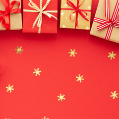 Christmas composition. Gift box and snowflake top view background with copy space for your text. Flat lay.