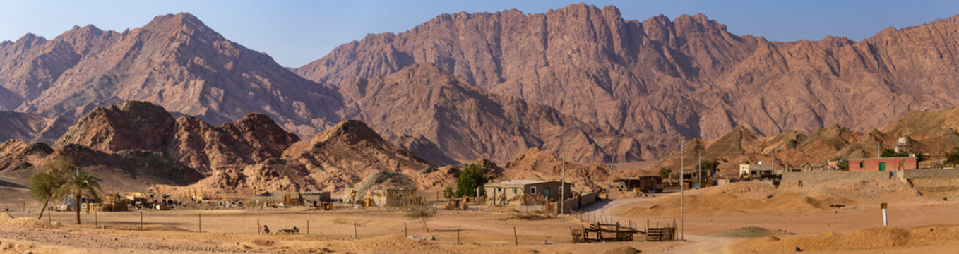 Egypt. Bedouin village. Mount Sinai in the morning at sunrise. (Mount Horeb, Gabal Musa, Moses Mount). Pilgrimage place and famous touristic destination.