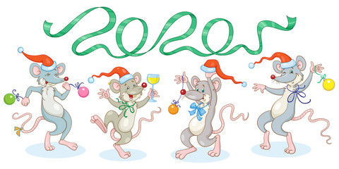 Four funny fashionable rats - symbols of the New Year are dancing under the number 2020. In cartoon style. Isolated on a white background.