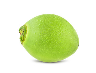 Green coconut with drops of water isolated on white background