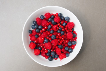 Schale mit Früchten: Blaubeeren, Himbeeren, Brombeeren