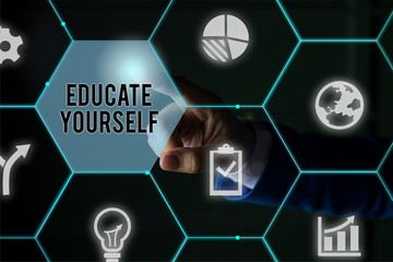 Text sign showing Educate Yourself. Business photo showcasing prepare oneself or someone in a particular area or subject Male human wear formal work suit presenting presentation using smart device