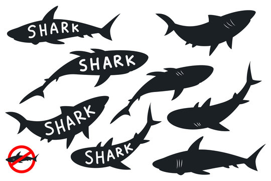 Shark black silhouettes vector icons set isolated on a white background.