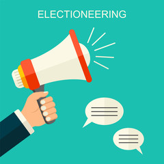 Electioneering flat style vector background. Cartoon human hand holding megaphone. social media promotion marketing illustration.